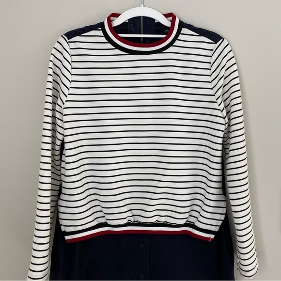 Zara Striped White Navy Long Sleeve Button Front Shift Dress half Sweater XS - Picture 7 of 16